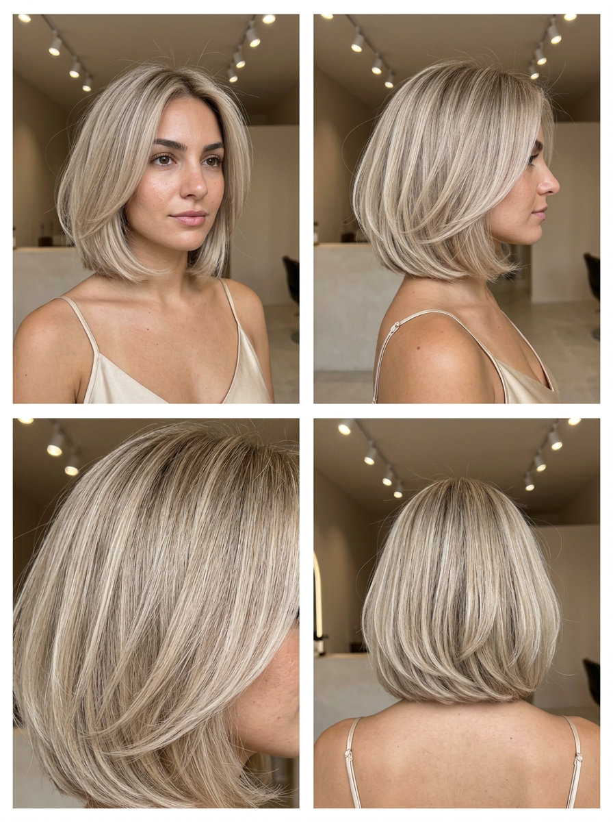short Italian bob haircut in Linen Blonde with soft layers and volume for summer