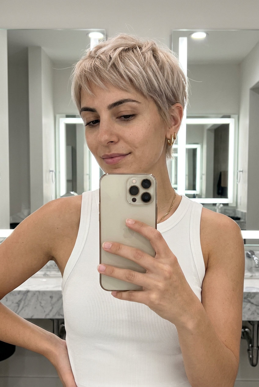 short pixie crop with linen blonde color, precision razored perimeter and no fringe for professional settings