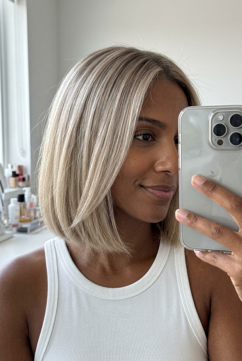 shoulder-grazing blunt bob haircut in cool linen blonde with internal texturizing and point-cut ends for casual brunch