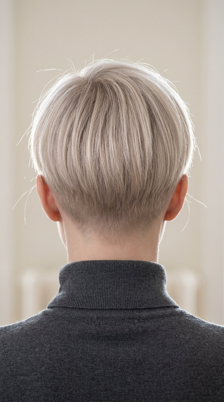 Linen Blonde Scandi-Pixie 2026: Minimalist Chic very short linen blonde pixie haircut with pearl highlights, blunt edges for summer