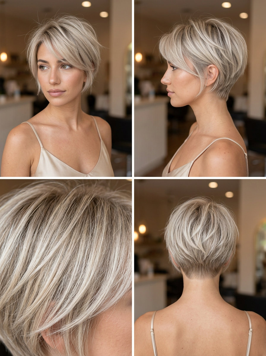 Coastal Linen Pixie 2026: Cool Blonde very short linen blonde pixie haircut with pearl highlights, ash root shadow for summer