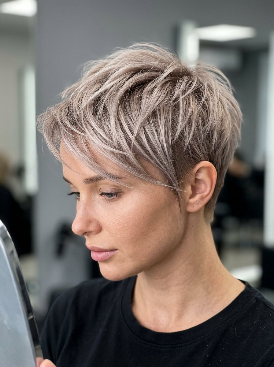 Linen Blonde Piecey Pixie 2026 very short piecey pixie haircut in linen blonde with ash undertones for summer