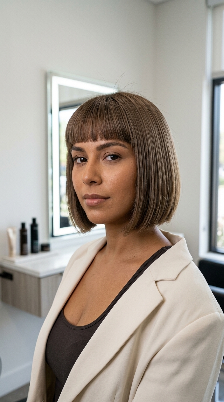 chin-length french bob with linen brown color and micro fringe for summer