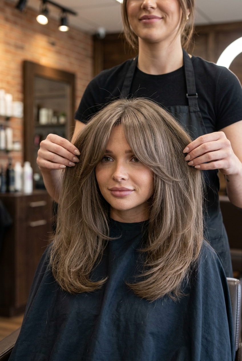 long flowing haircut with linen brown color and bottleneck bangs for summer