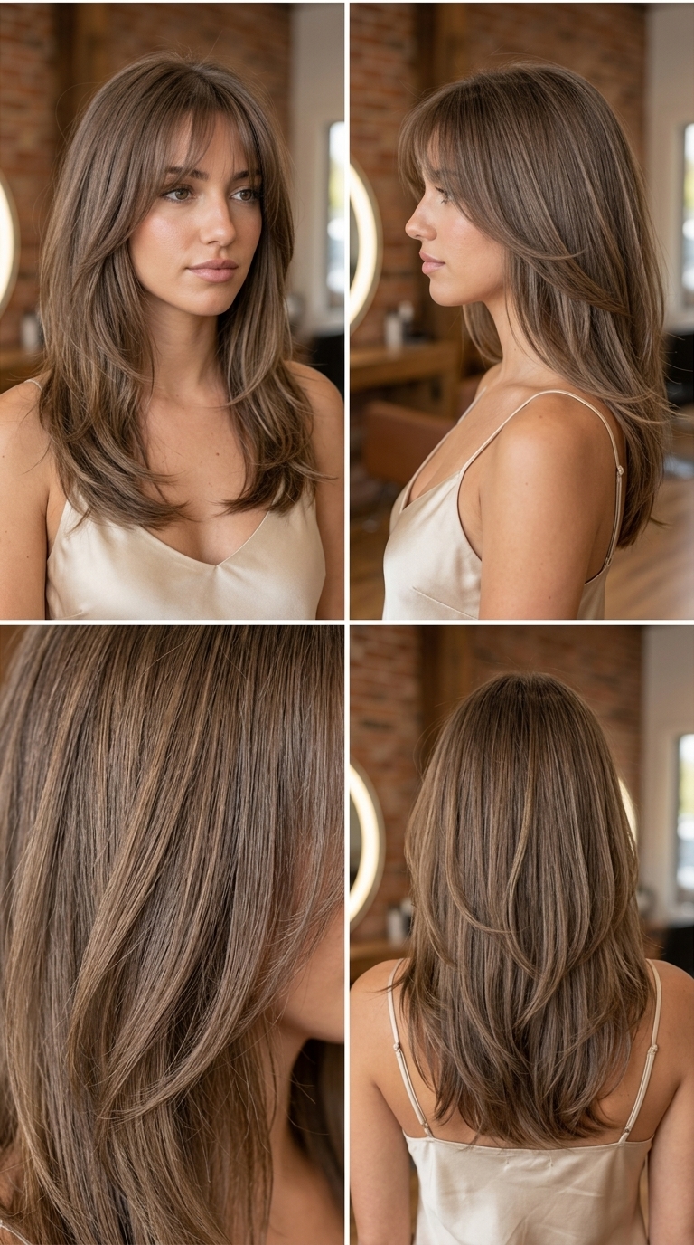 medium-long hush cut with linen brown, airy bangs, soft layers — ethereal summer casual