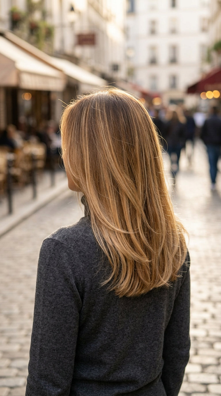 Liquid Gold Reverse Ombre Hair 2026 long reverse ombre hair color with liquid gold lowlights, face-framing layers, and caramel root smudge for summer