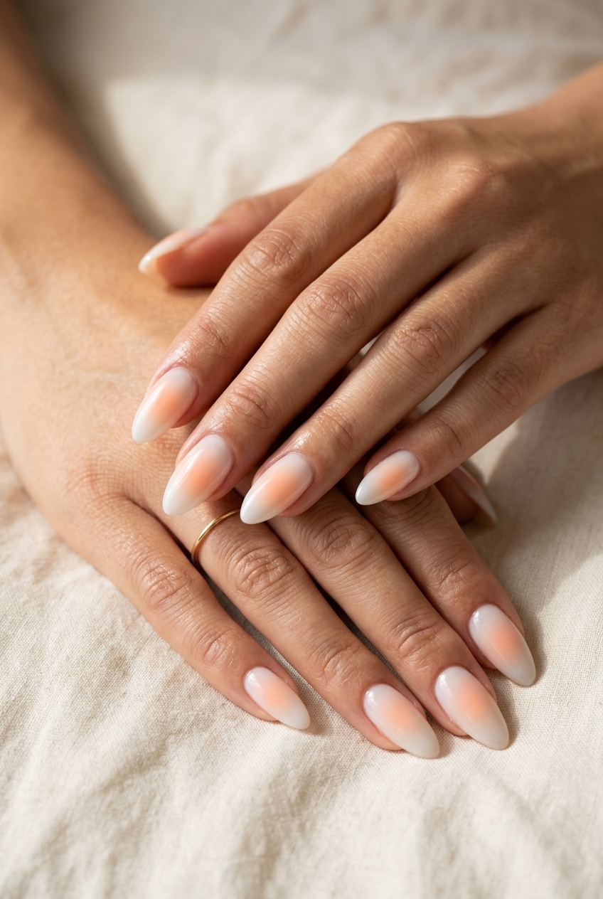 Aura Peach Fuzz Gradient nails: soft peach gradient over sheer base. Dreamy for long summer nails 2026.