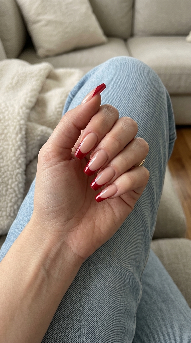 Bold Cherry Reverse French nails: cherry red on sheer nude base. Edgy look for long summer nails 2026.