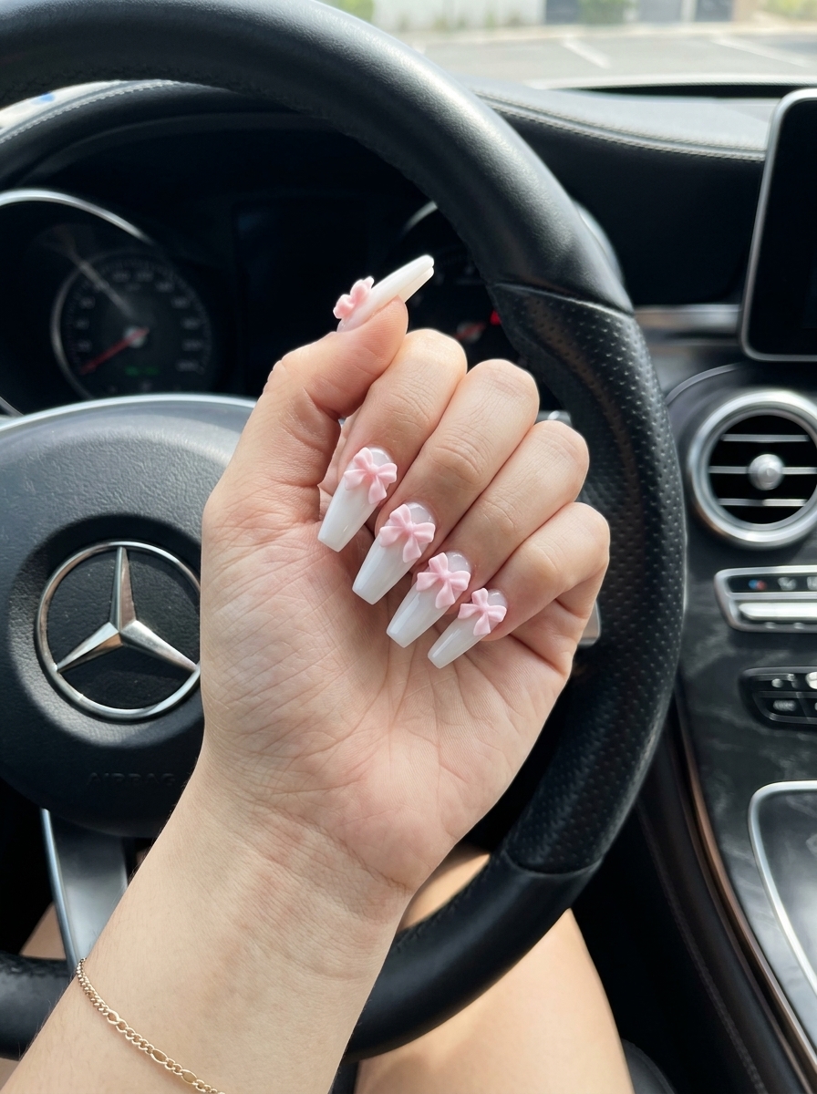Coquette Milky Bow Coffin nails: milky white gel with 3D pink/white bows. Perfect for long summer nails 2026.