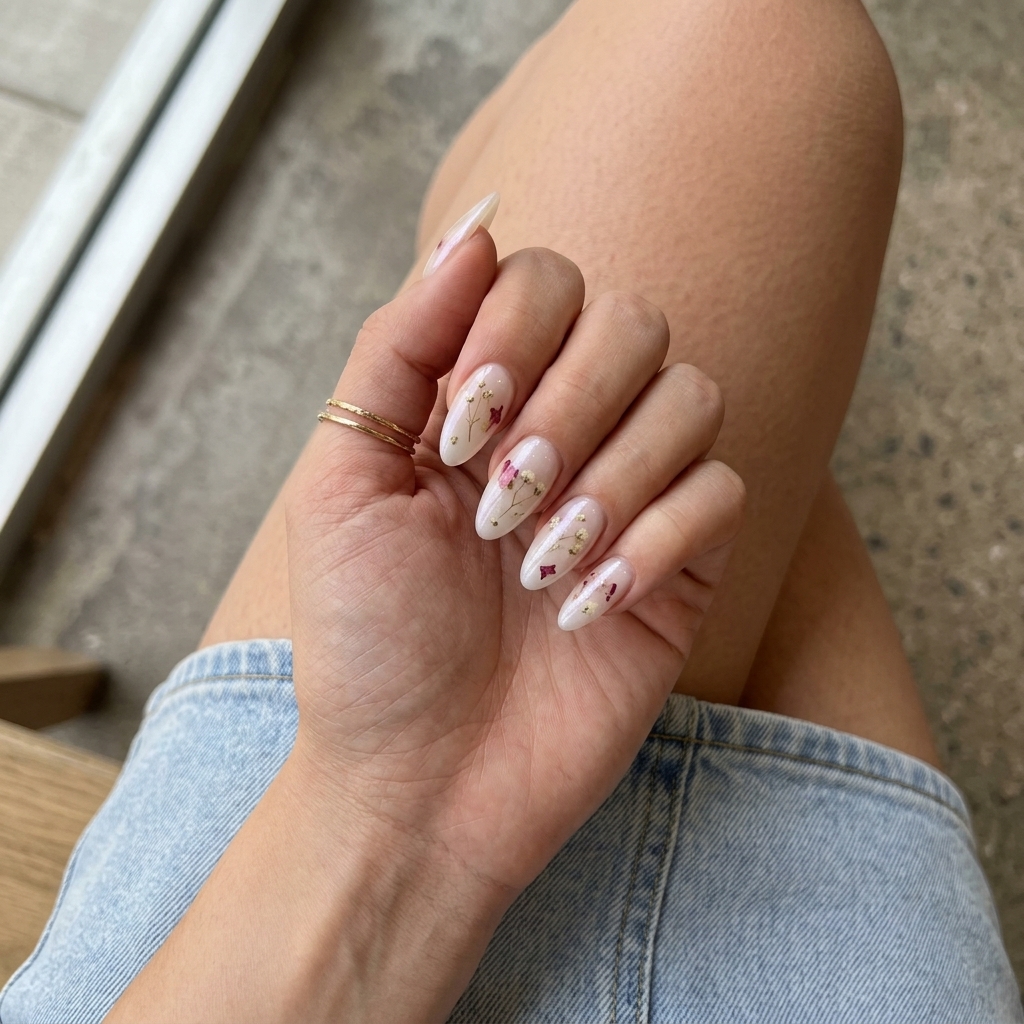 Ethereal Milk Bath Garden nails: milky white with floral accents & pearlescent shimmer. Romantic for long summer nails 2026.