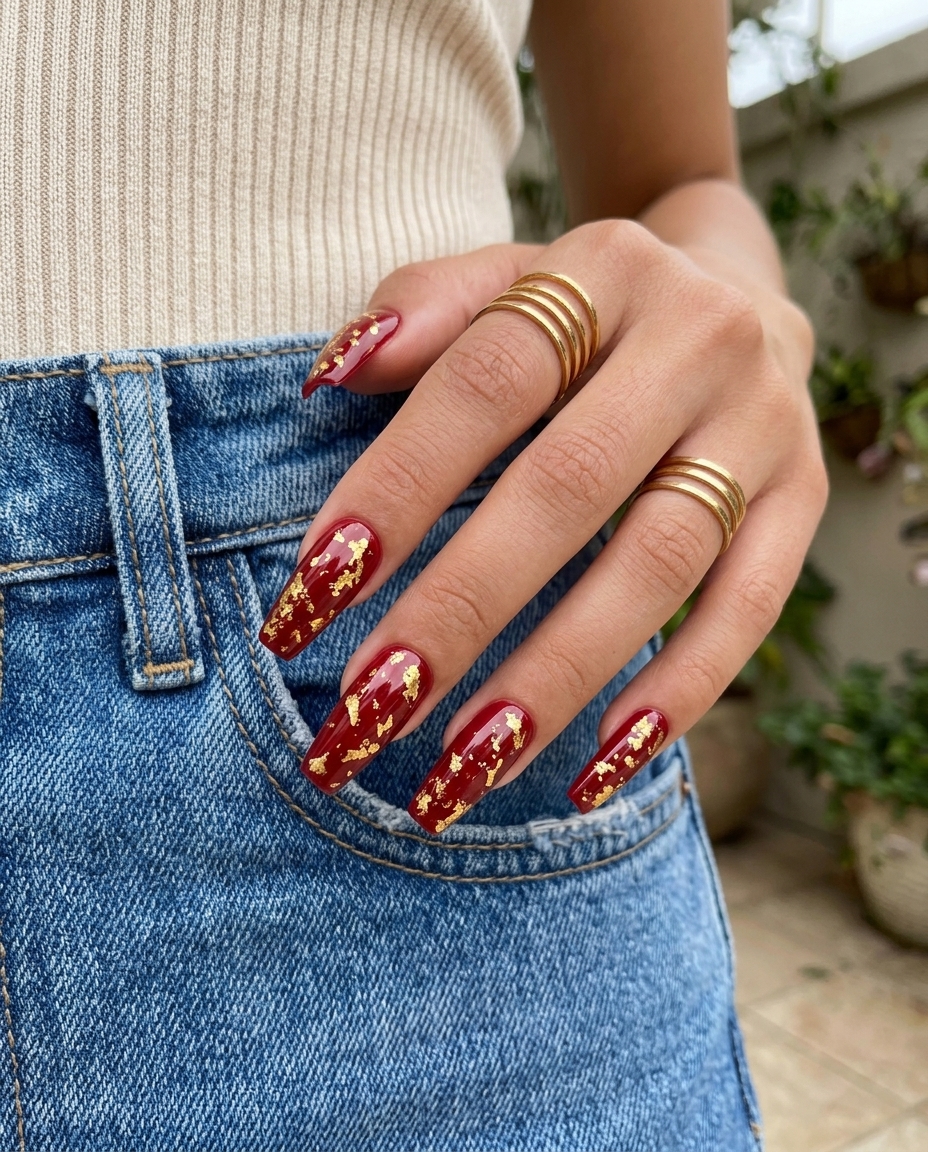 Long summer nails 2026: Sultry fiery cherry red coffin nails with metallic gold foil for date night.