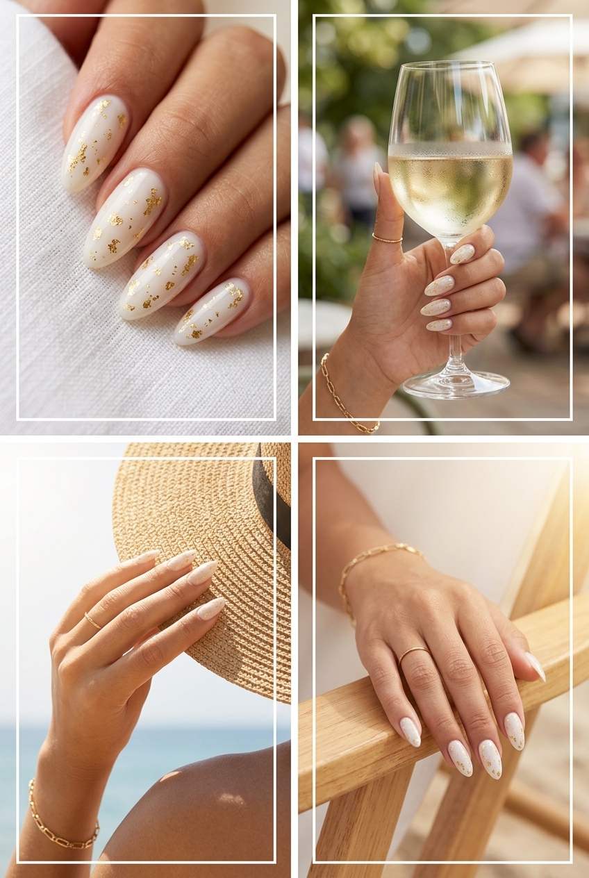Gilded Milky Elegance nails: milky white with gold foil flakes. Sophisticated for long summer nails 2026.