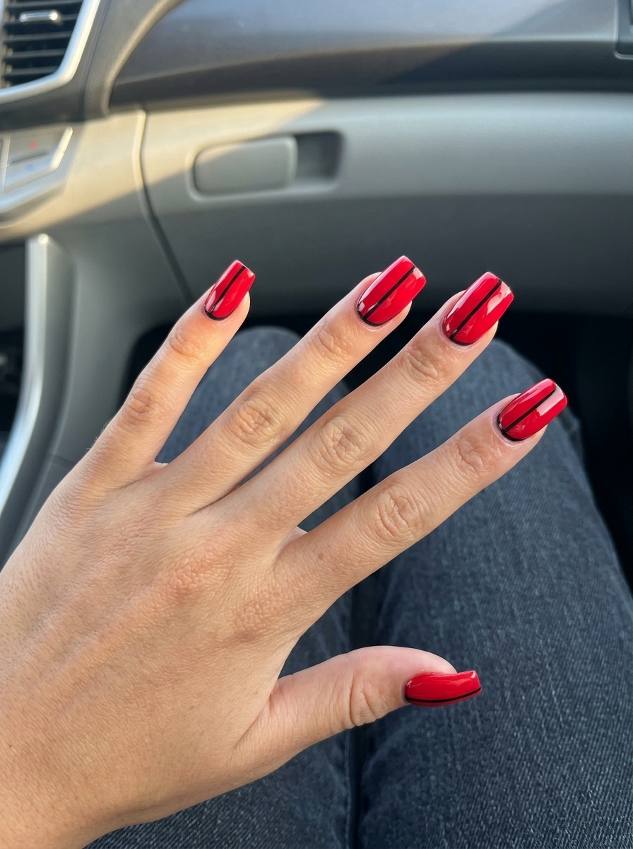 Long summer nails 2026: Edgy graphic cherry red with negative space coffin nails for night out.