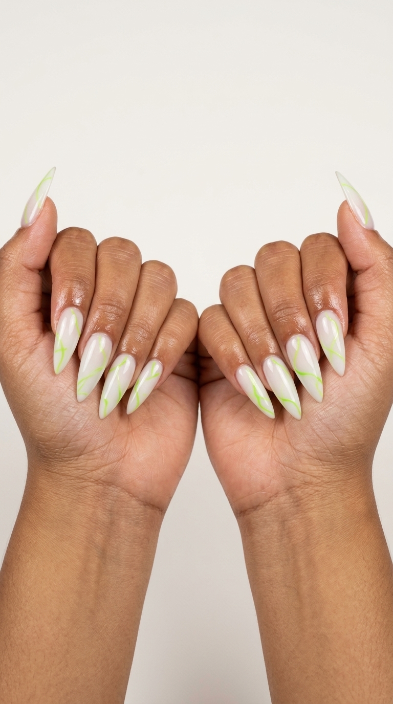 Long summer nails 2026: Playful lime green abstract lines on milky white almond nails for casual wear.