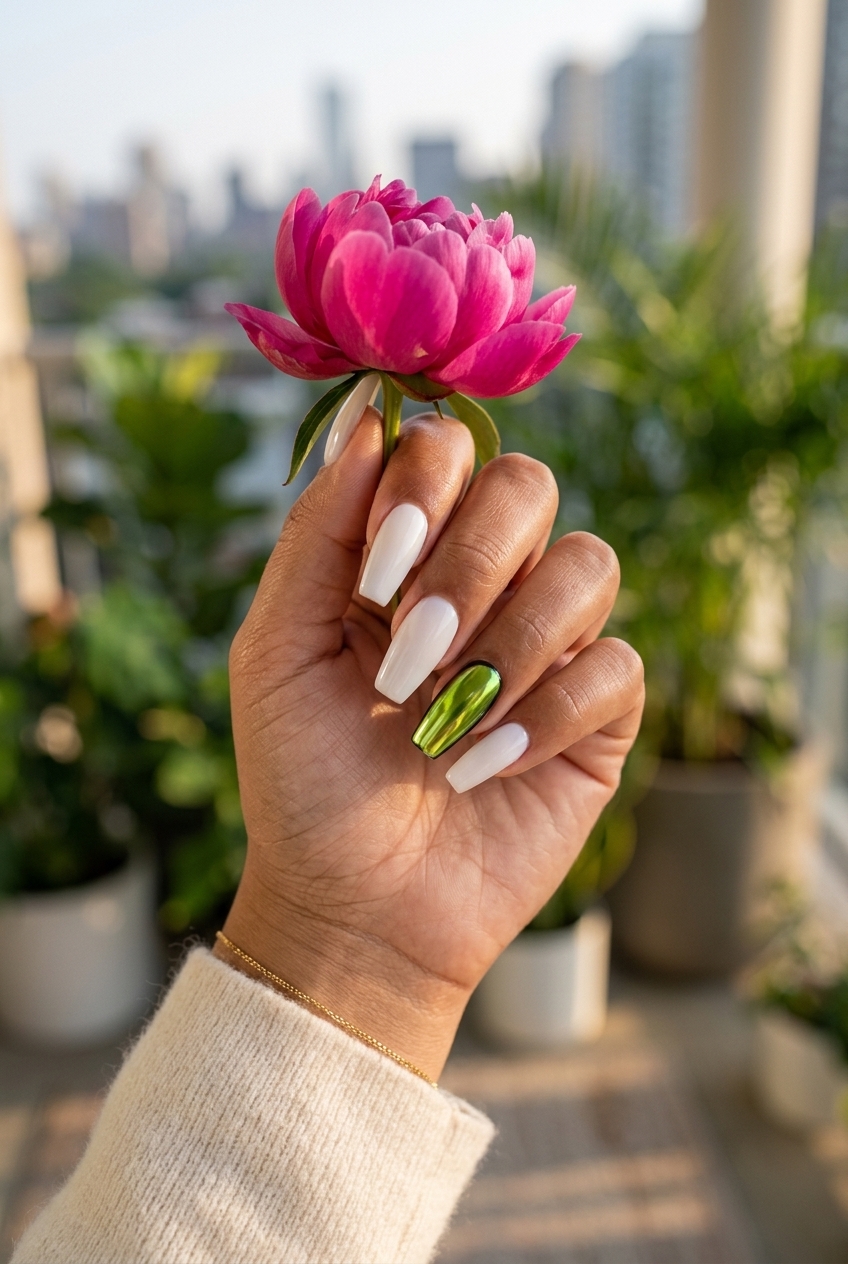 Long summer nails 2026: Edgy lime green chrome accent on milky white almond nails for parties.