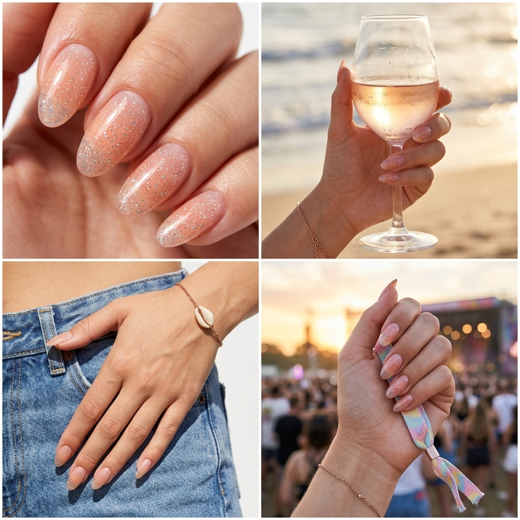 Peach Fuzz Jelly nails with glitter: sheer peach with holographic silver. Glamorous for long summer nails 2026.