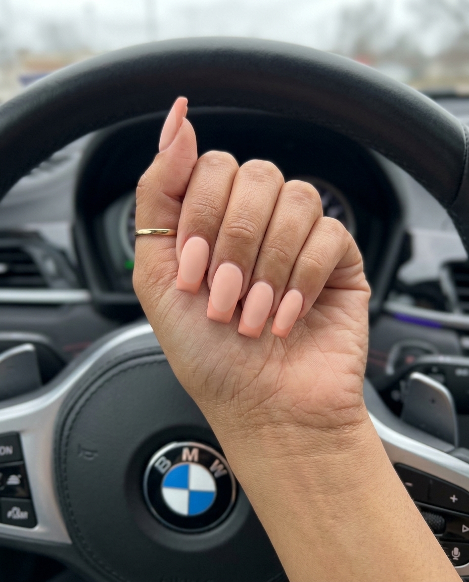 Long summer nails 2026: Sophisticated muted peach matte French tips for daily wear and work.