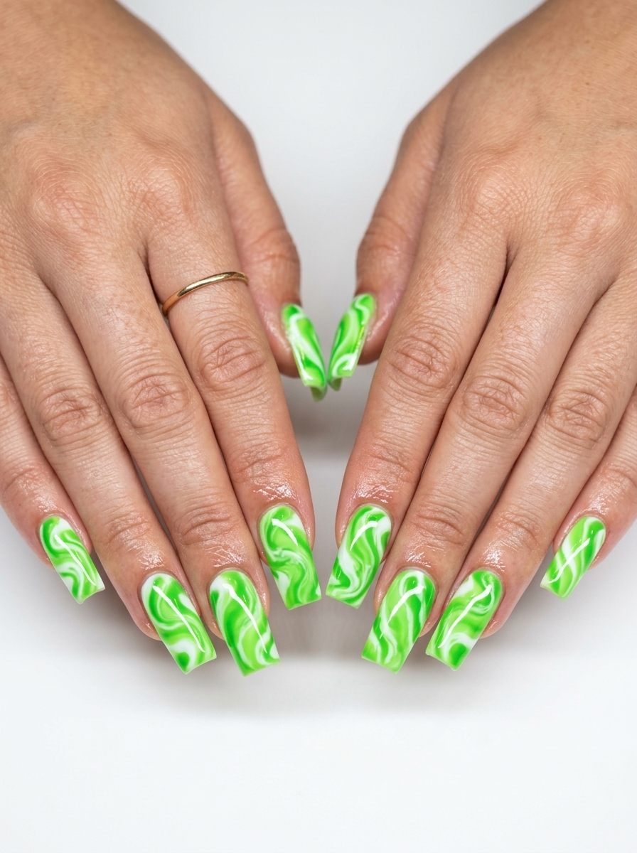 Zesty Lime Green Marble Square nails: vibrant lime green & white marble. Playful for long summer nails 2026.