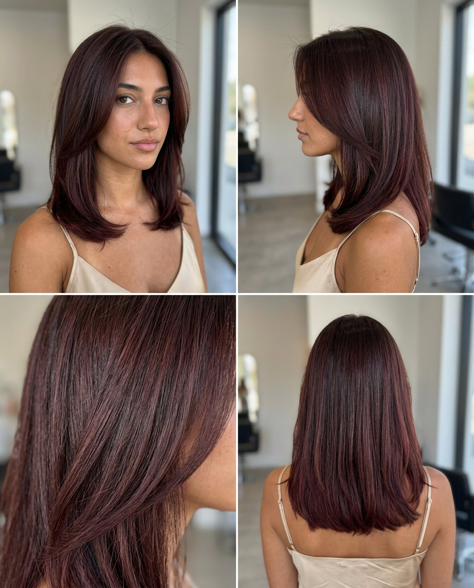 Mahogany Brown Hair 2026: Elegant Root Smudge long mahogany brown haircut with red-violet undertones, root smudge, no fringe — sophisticated summer look