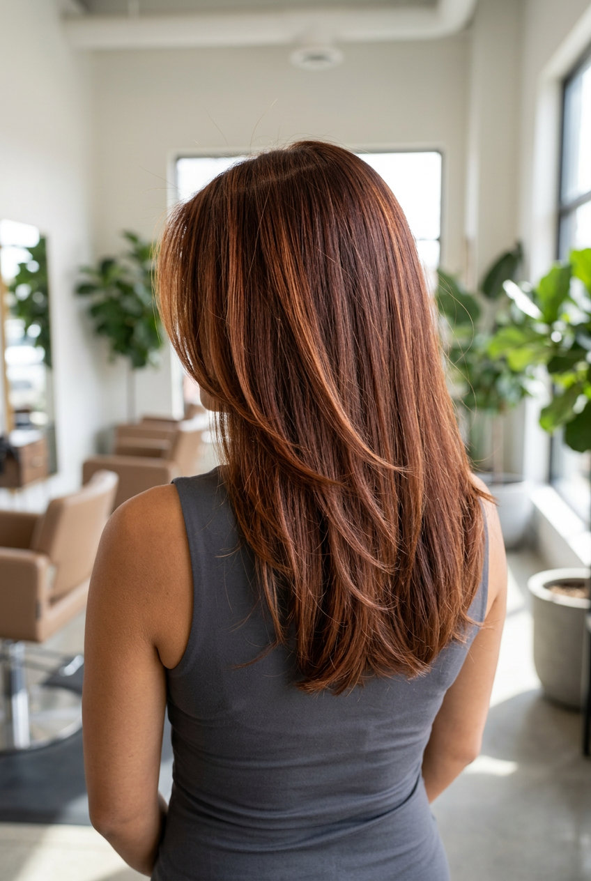 long warm mahogany babylights with cinnamon face-framing and no fringe for professional look