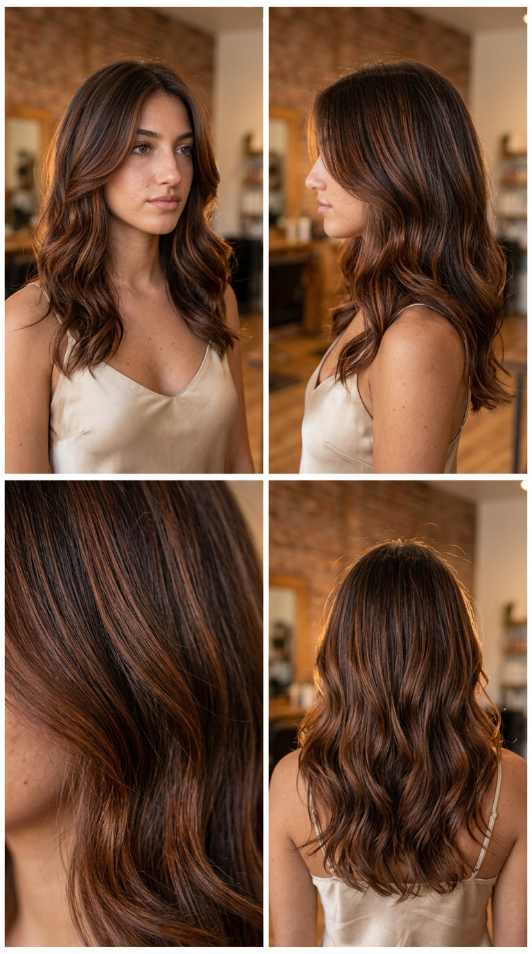 Mahogany Kissed Balayage Brunette 2026 long mahogany kissed balayage on brunette with warm reddish-brown ribbons, hand-painted technique for date night