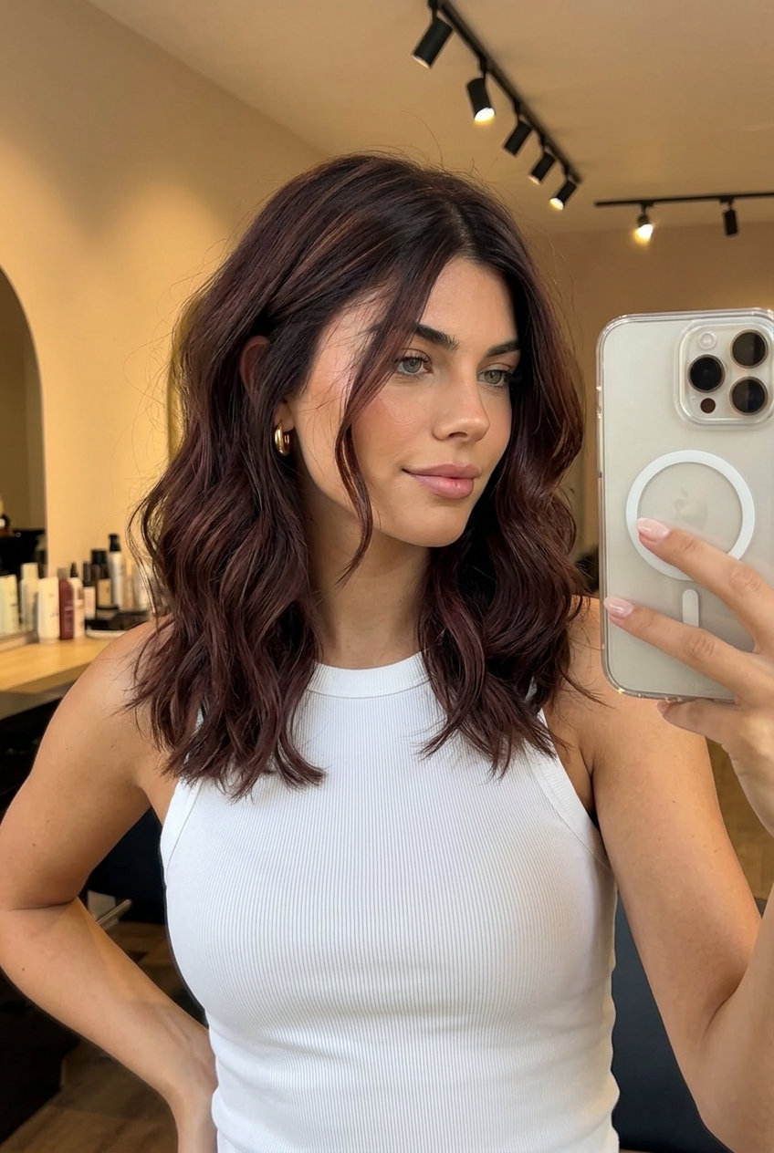 long mahogany highlights with auburn tones and dark root smudge, romantic look