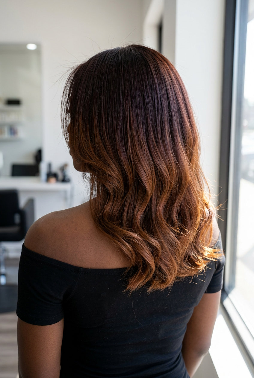 Deep Mahogany Reverse Ombre Hair 2026 long deep mahogany reverse ombre hair with mahogany root, chestnut ends, color melt for daily wear