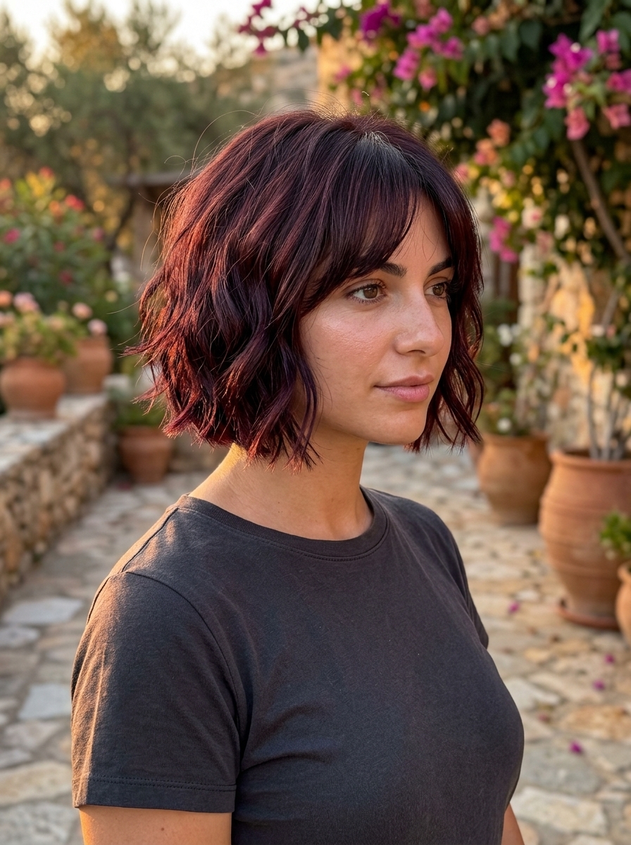 short mahogany red pixie haircut with soft layers and side-swept fringe for summer