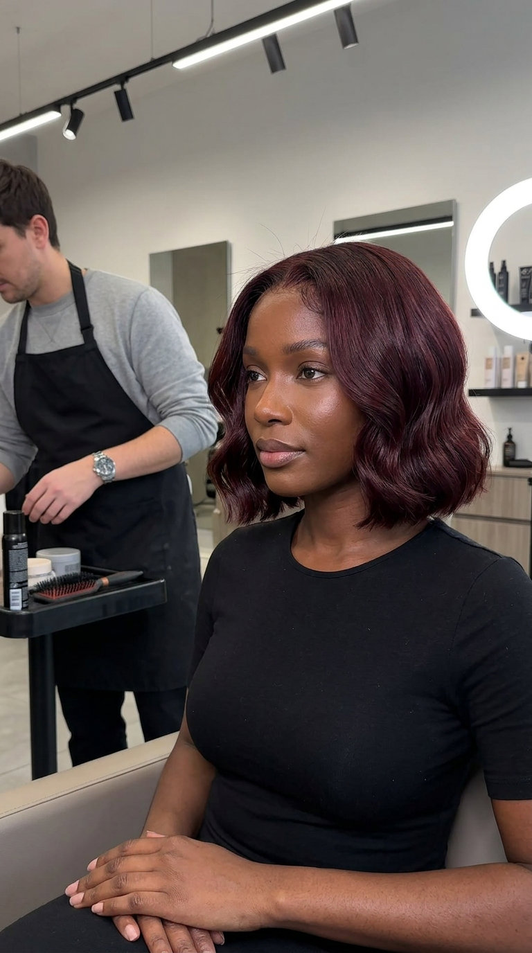 short wavy bob haircut with deep mahogany red, blunt perimeter — sophisticated date night style