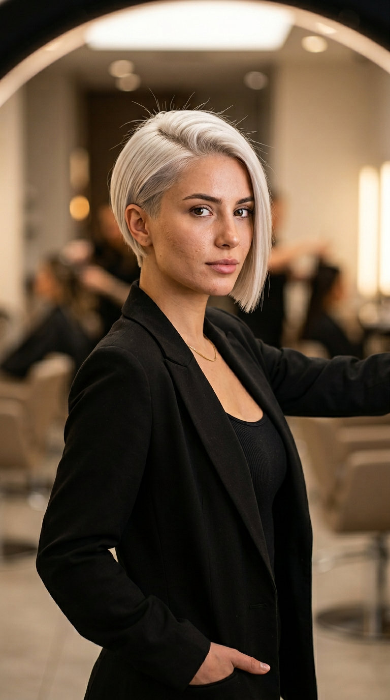 short asymmetric icy blonde with matte frosted platinum, precision cut, wispy fringe — bold avant-garde