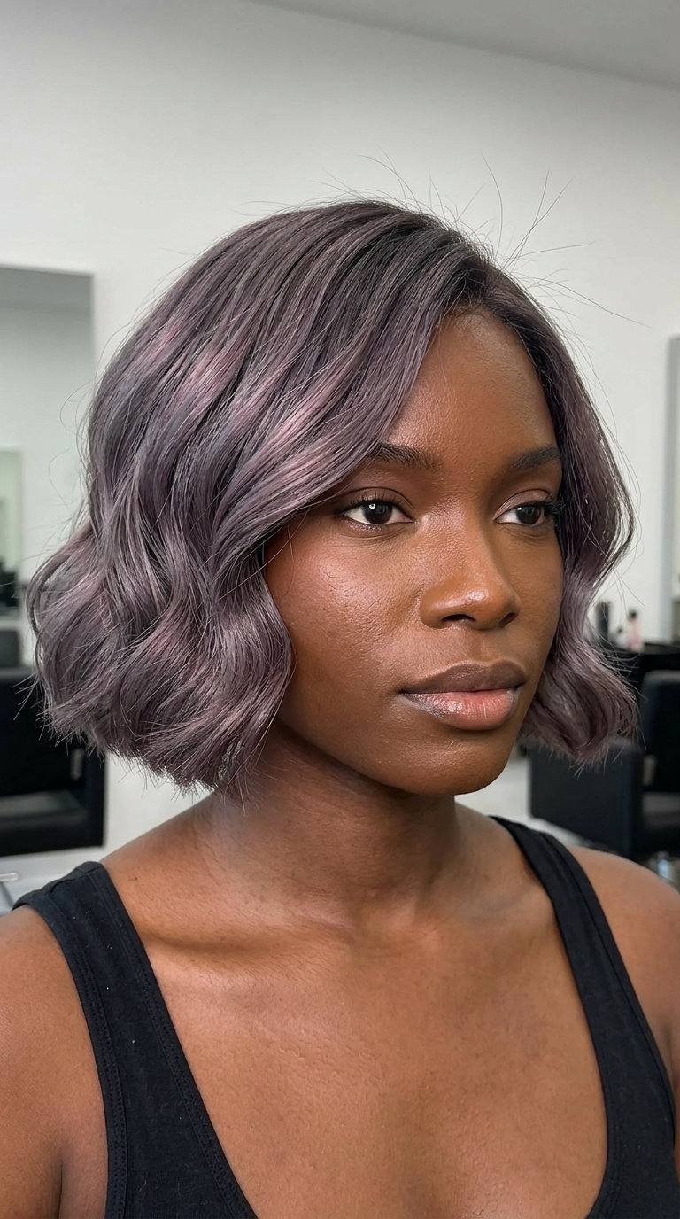 short wavy bob haircut with smoky grey-purple, precise scissor-over-comb — avant-garde event style