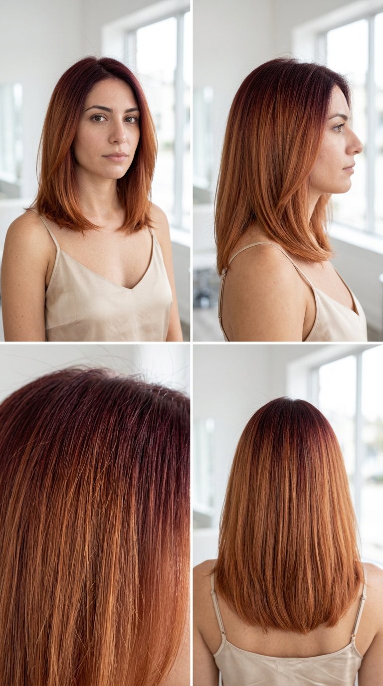 long merlot root smudge to auburn with soft copper reflects, seamless color melt — effortless radiance