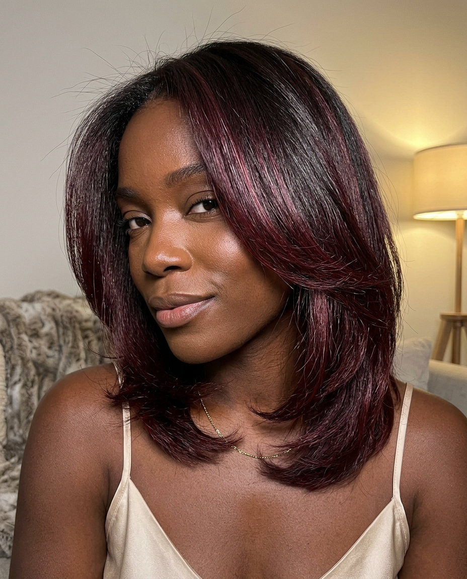 long layers merlot balayage on espresso brunette, sophisticated and mysterious