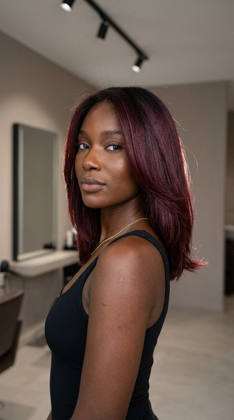 long smoked merlot balayage with violet-red on espresso, hand-painted for elegant evenings