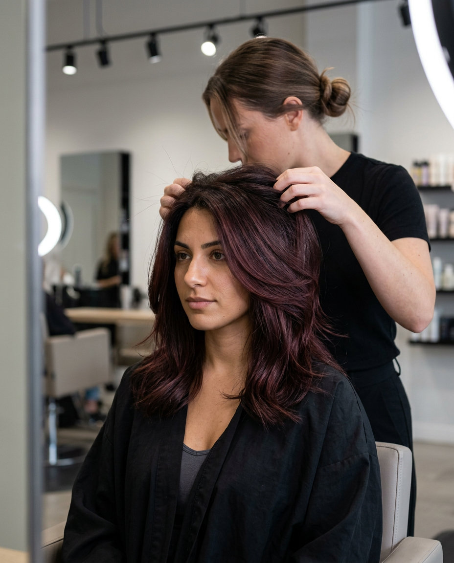 long layered cut merlot highlights with rich merlot & burgundy, foilayage technique — romantic date night look
