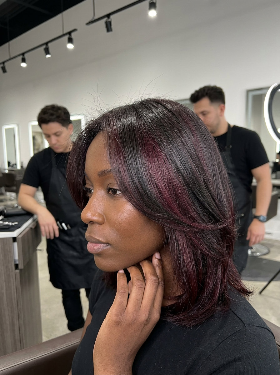 long layered dark brunette hair with merlot peekaboo underneath, hidden color, no fringe — playful mystery