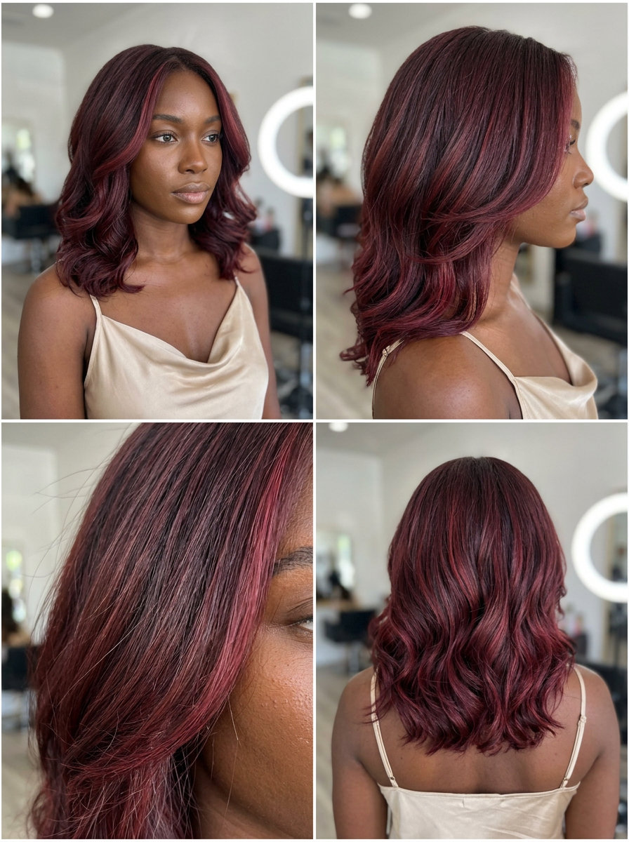 long merlot reverse balayage highlights with burgundy tones, dramatic look