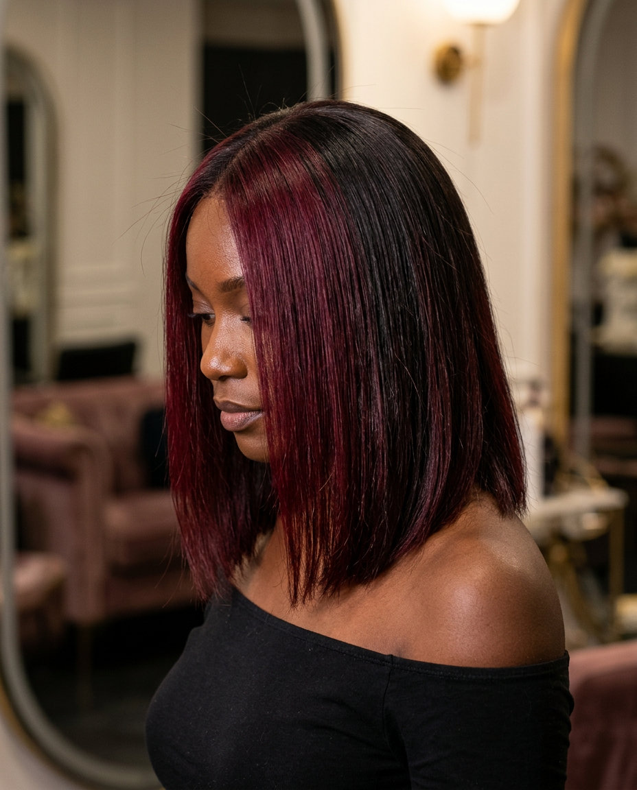 Merlot Solid Money Piece Hair Color 2026 medium blunt cut merlot solid money piece with cool-red undertones, bold block application — sultry night out