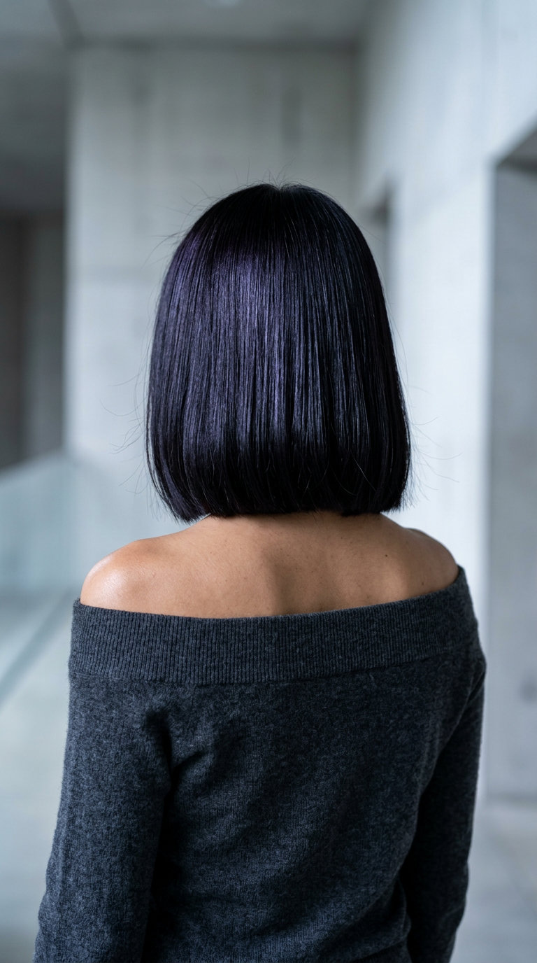 long blunt lob midnight blackberry with violet and blue reflections, edgy and sophisticated