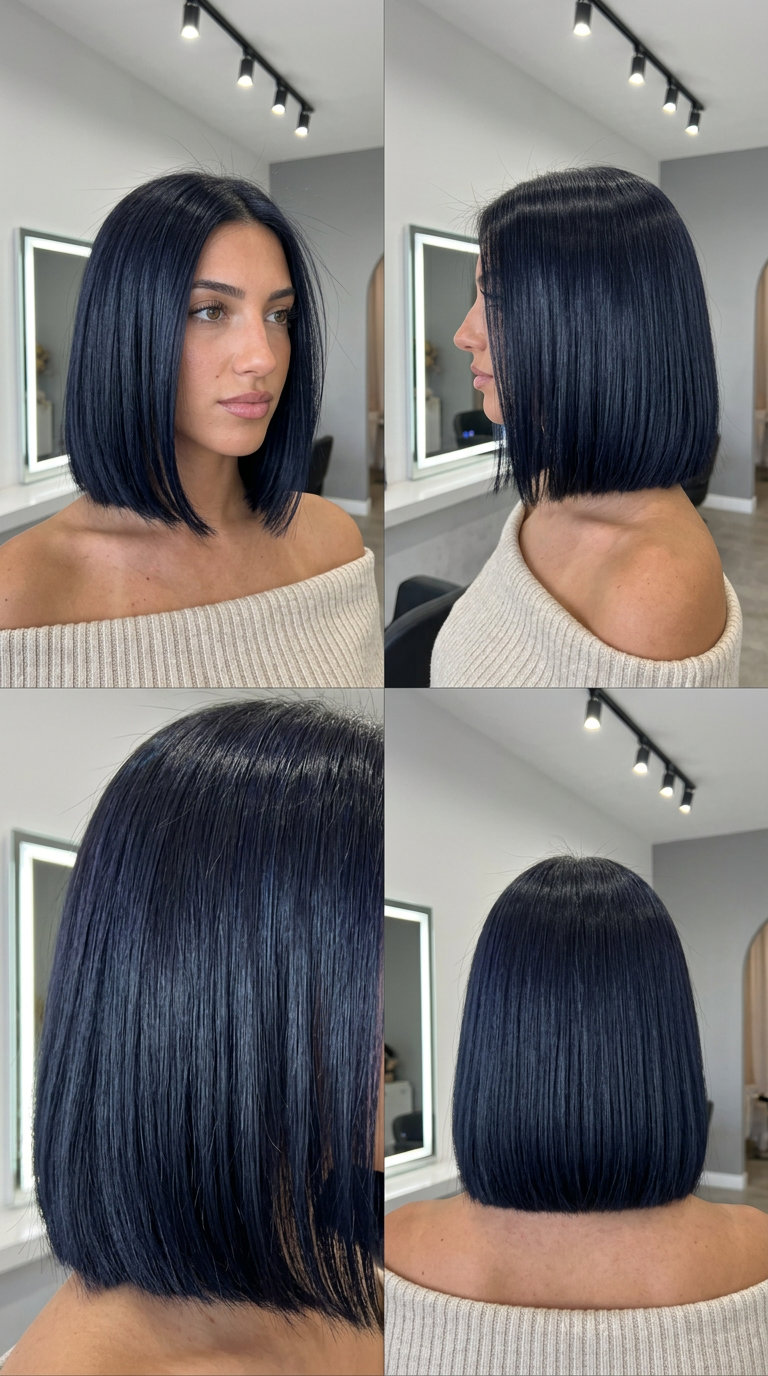 Sleek Midnight Blue-Black Bob 2026 short sleek bob haircut in midnight blue-black with high-gloss finish and center part for formal