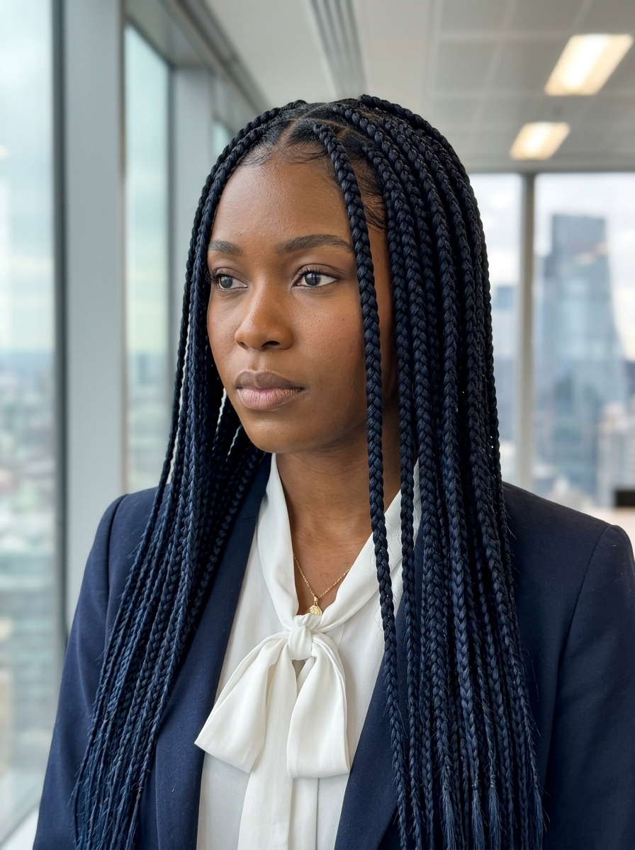 waist-length box braids with midnight blue-black, uniform size, blunt ends — sophisticated professional hairstyle