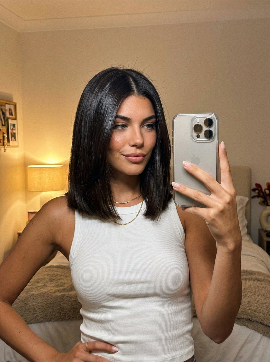 medium blunt lob haircut with midnight espresso brunette, no layers, sharp perimeter — minimalist
