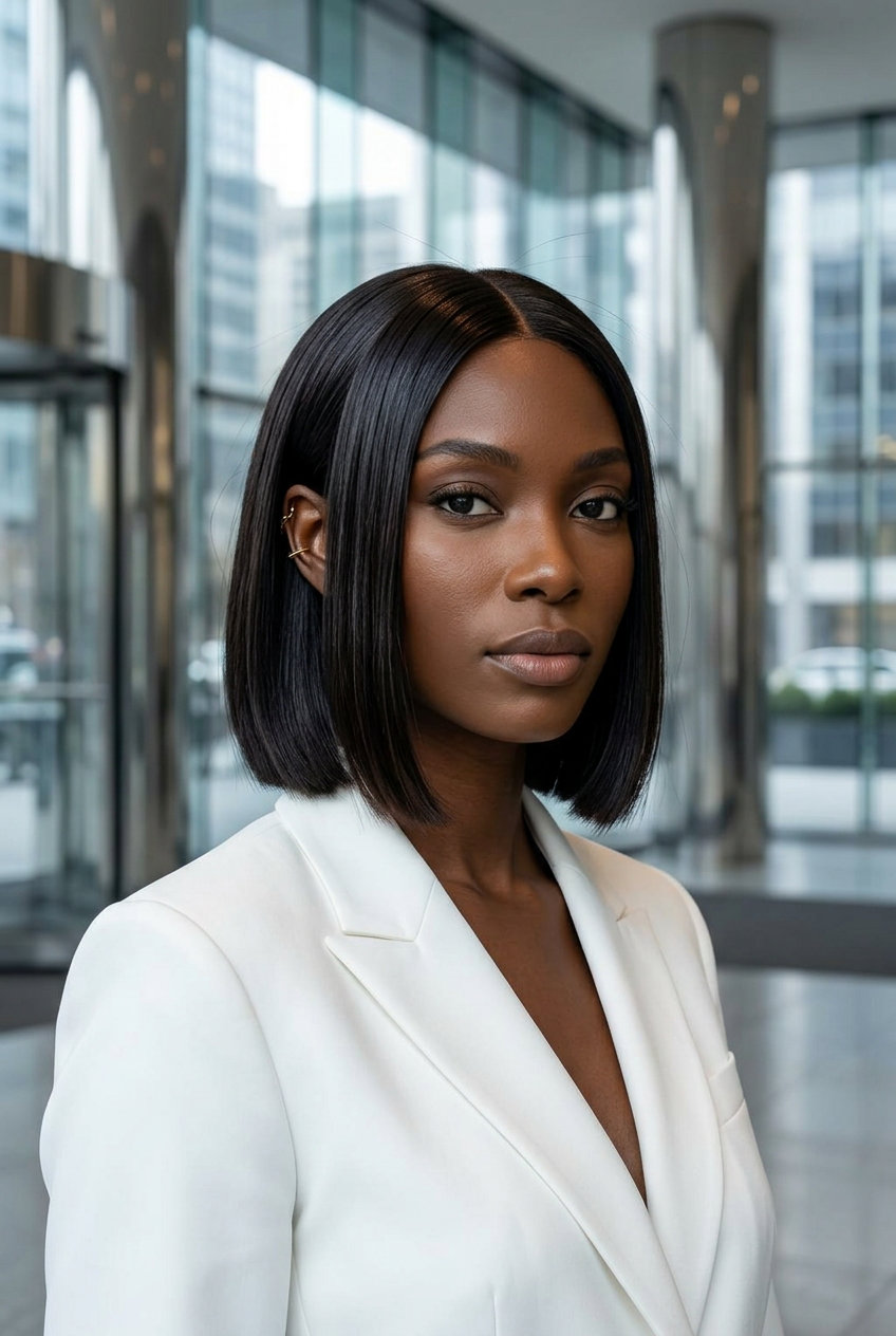 Glass Shine Midnight Bob 2026 chin-length blunt bob in cool midnight espresso with glass shine and center part