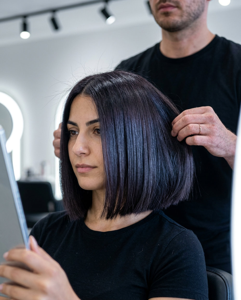 Power Player Italian Bob: Popular Summer Haircut 2026 chin-length midnight espresso bob with blue-violet undertones, blunt cut, no bangs — professional bold