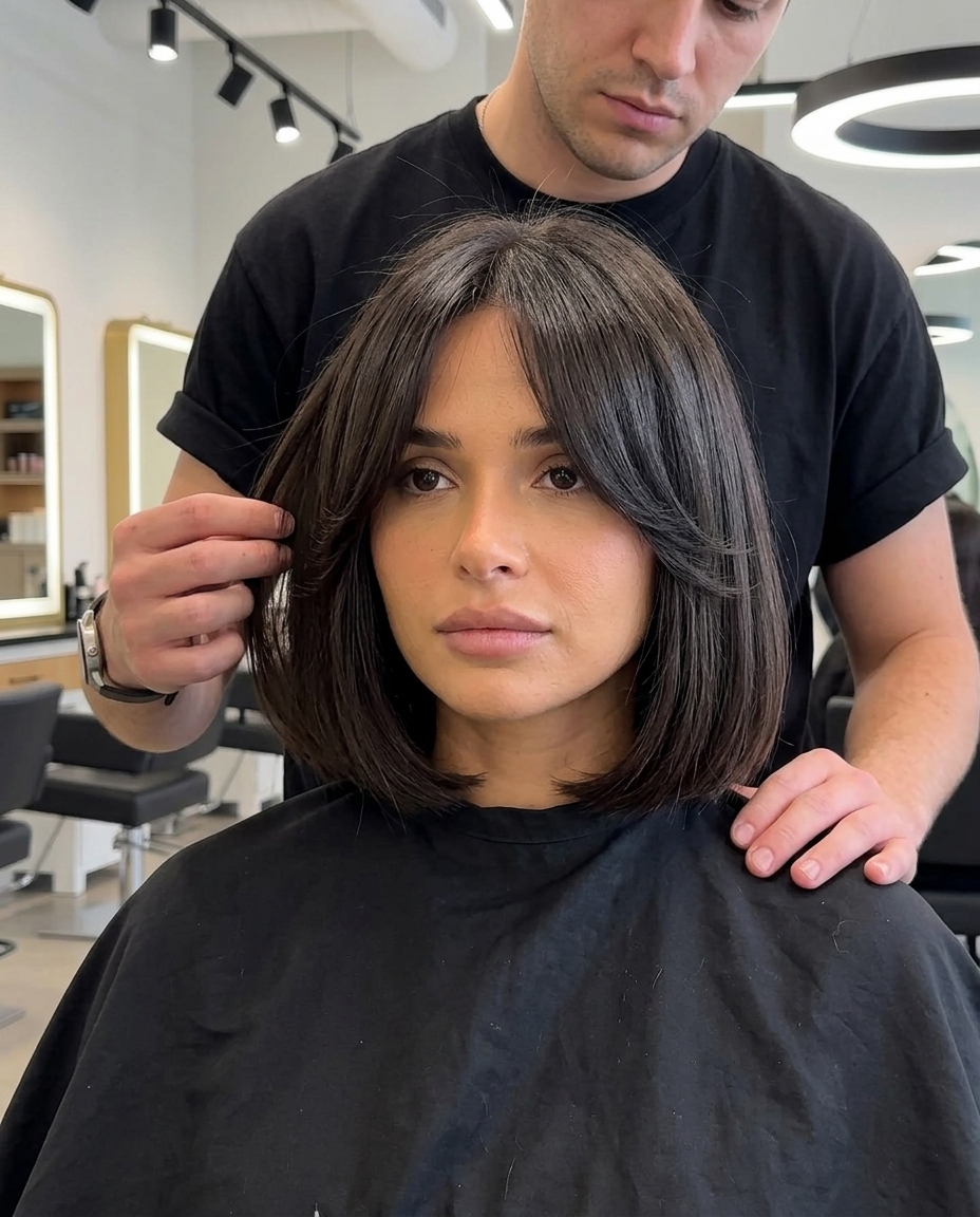 chin-length midnight espresso bob haircut with curtain bangs and blunt perimeter for summer