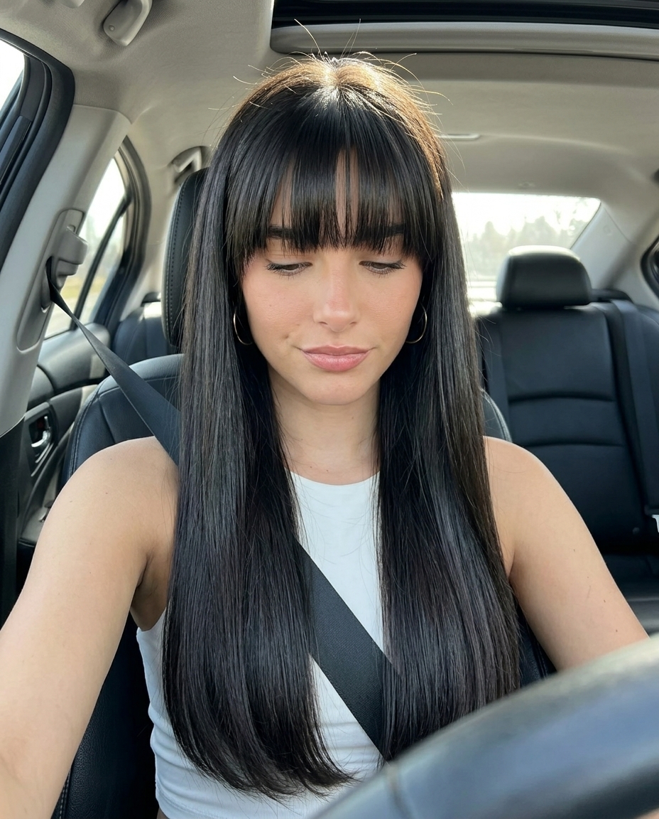 long blunt cut with midnight espresso & charcoal, glass hair finish, heavy blunt fringe — sophisticated summer evening