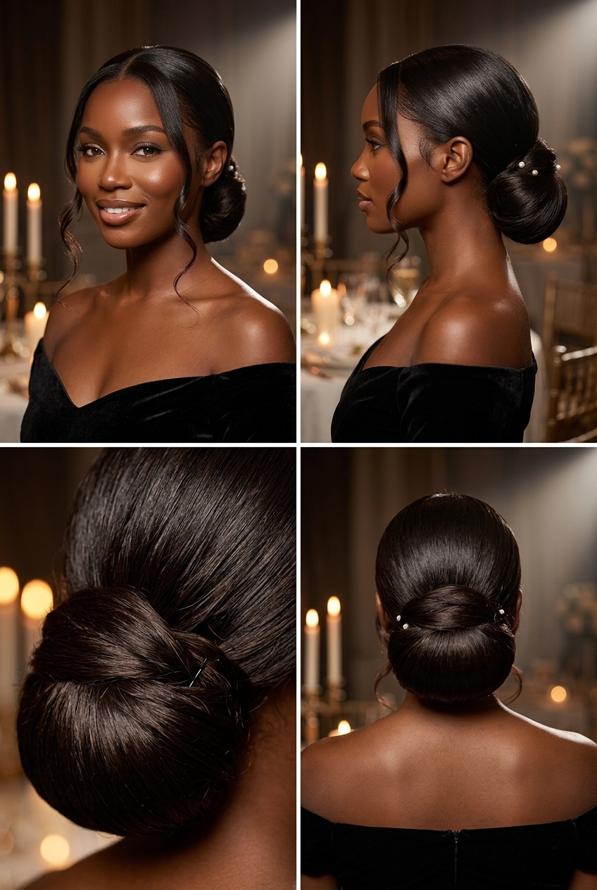 Elegant Midnight Espresso Chignon 2026 long midnight espresso chignon with pearl accents for summer wedding guest