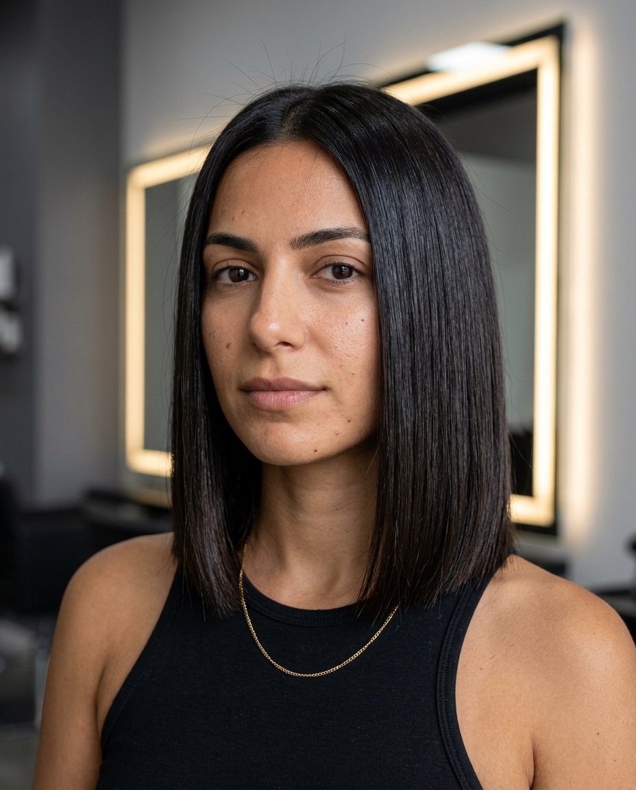 medium blunt bob haircut with midnight espresso, sharp perimeter for professional events