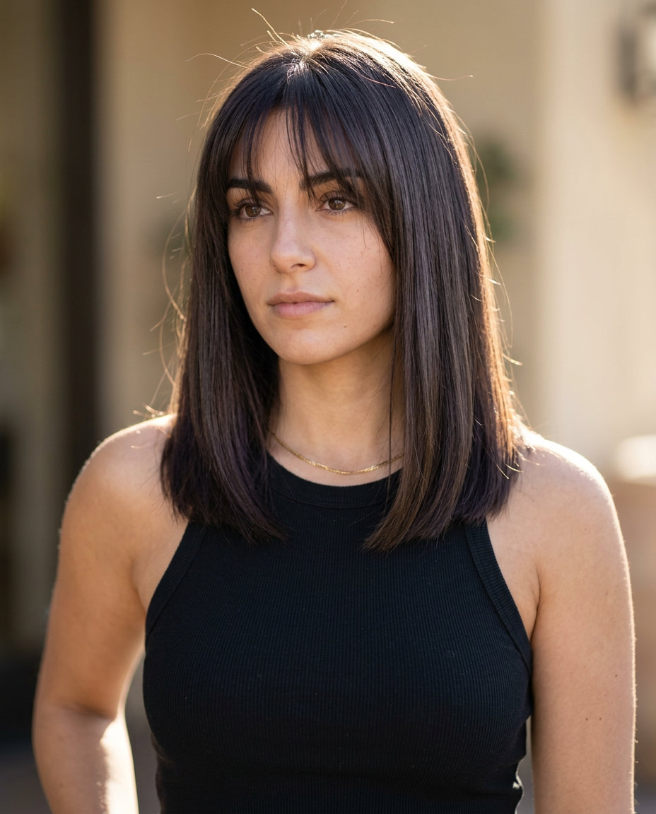Parisian Summer Bangs: Popular Summer Haircut 2026 medium midnight espresso bob with subtle caramel, wispy Birkin bangs for everyday chic