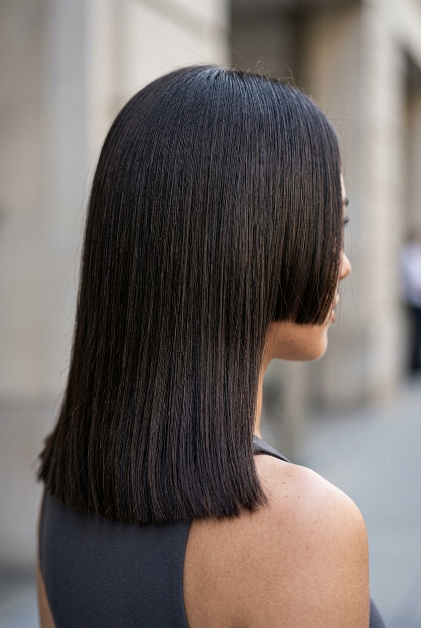 short midnight espresso mullet with cool brown, blunt cut, micro-fringe — sophisticated